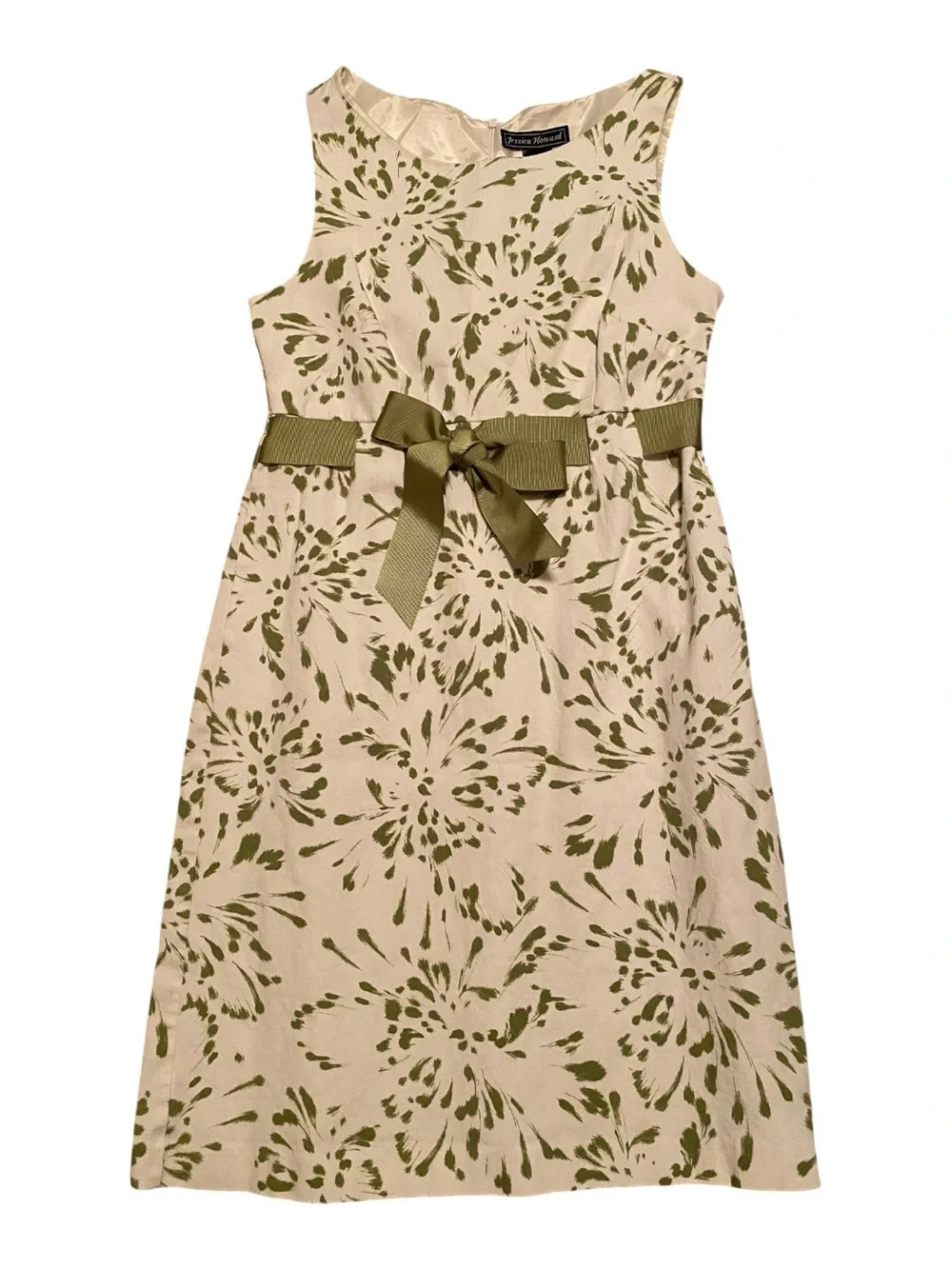 Jessica Howard Cream Dress with Olive Floral Print and Bow, Size 6 - Picture 1 of 7